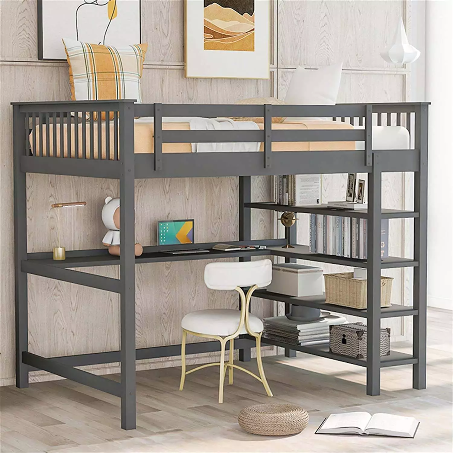 Full Size wood Loft Bed with Desk